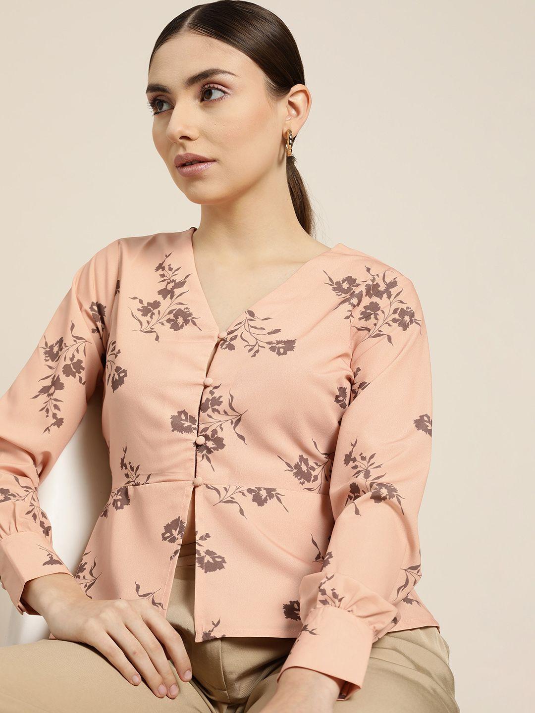 her by invictus peach-coloured & olive green floral print top