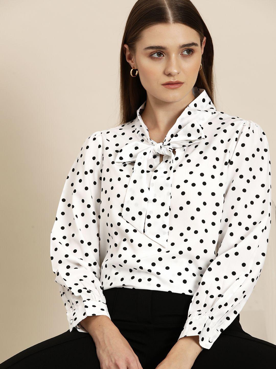 her by invictus polka dot print tie-up neck top