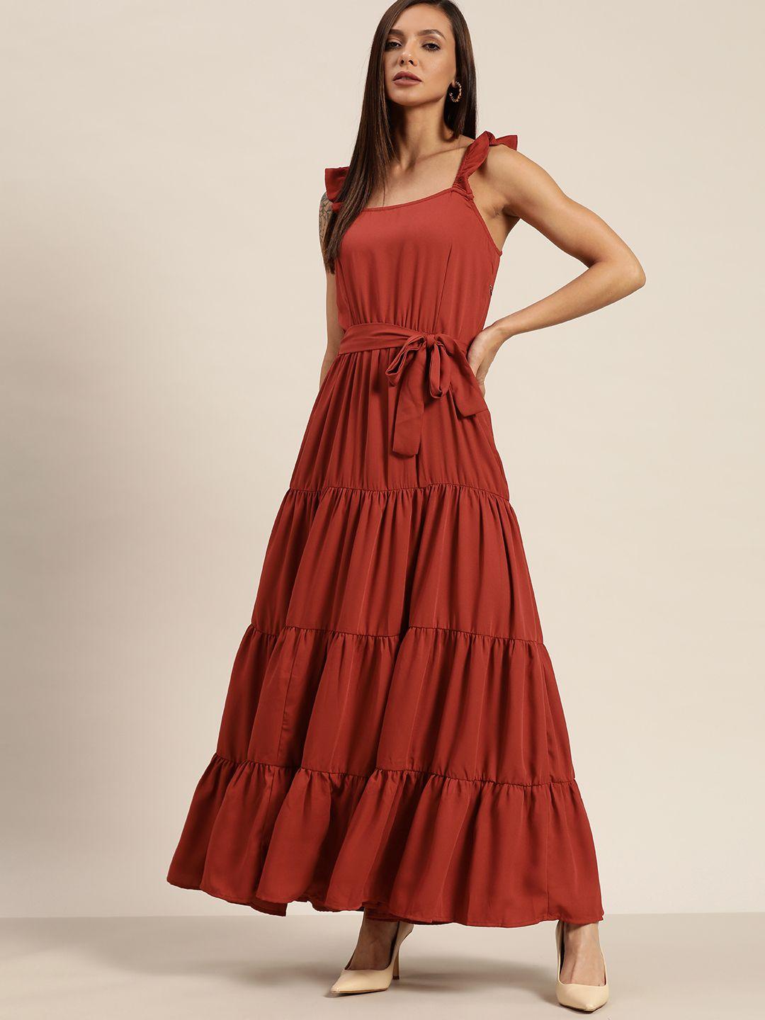 her by invictus rust red solid tiered a-line maxi dress