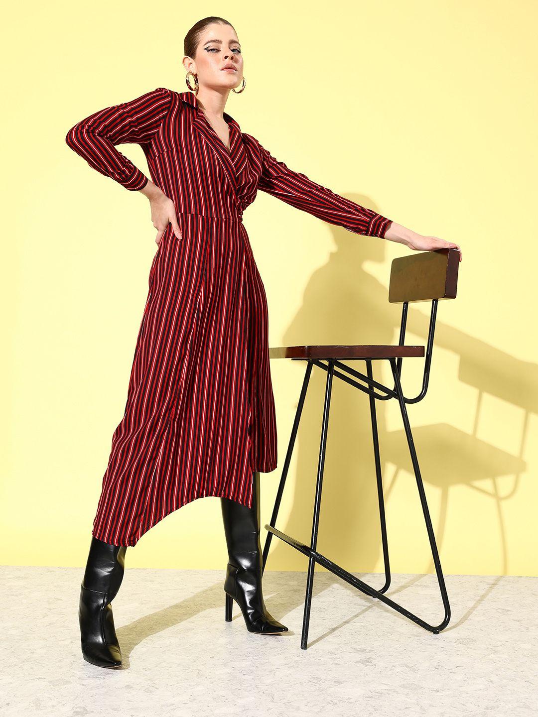 her by invictus striped shirt collar wrap midi dress