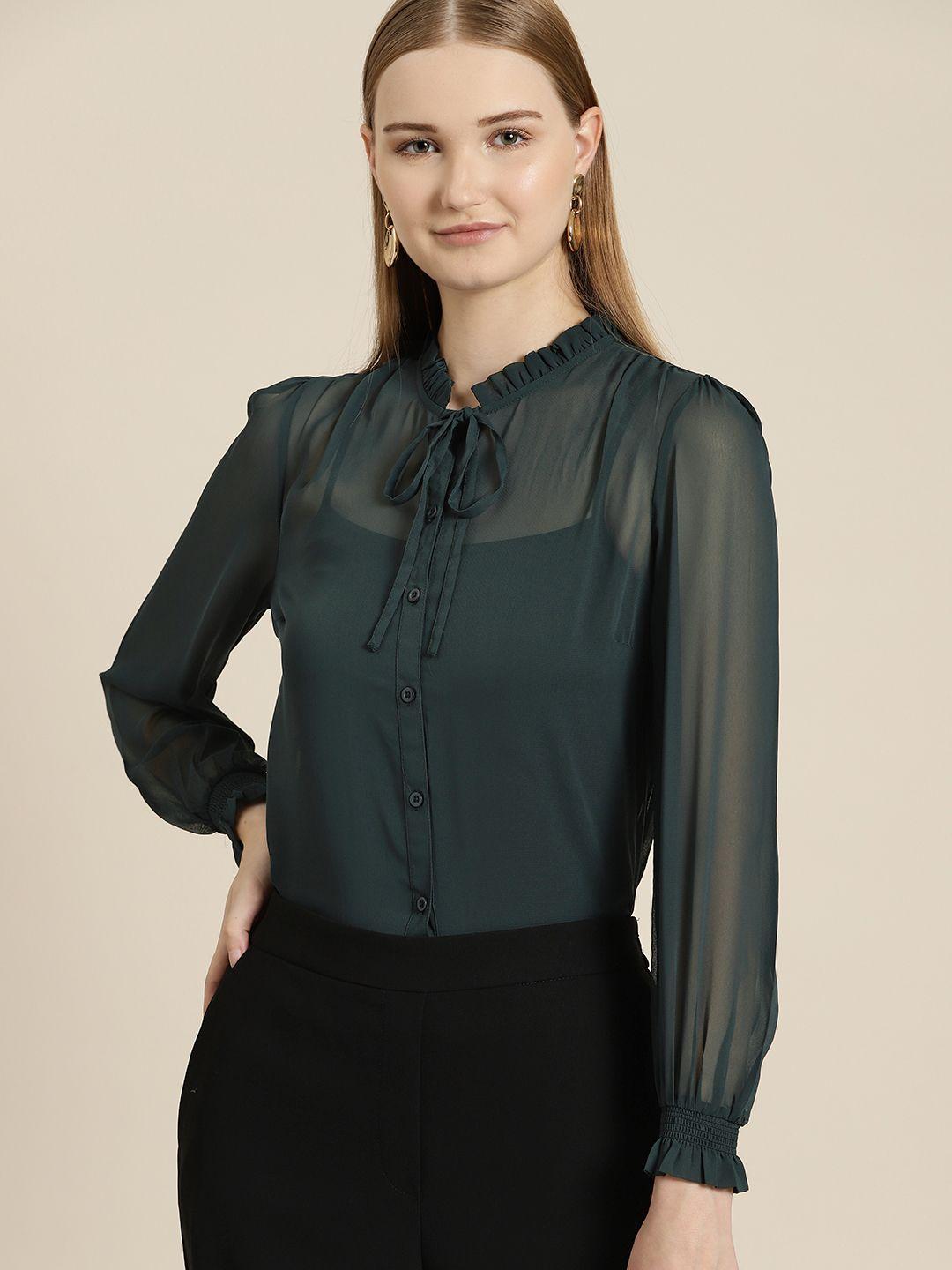 her by invictus tie-up neck puff sleeve sheer shirt style top