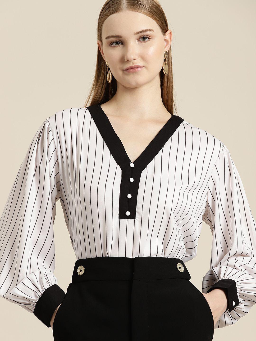 her by invictus vertically striped cuffed sleeves top with button detail