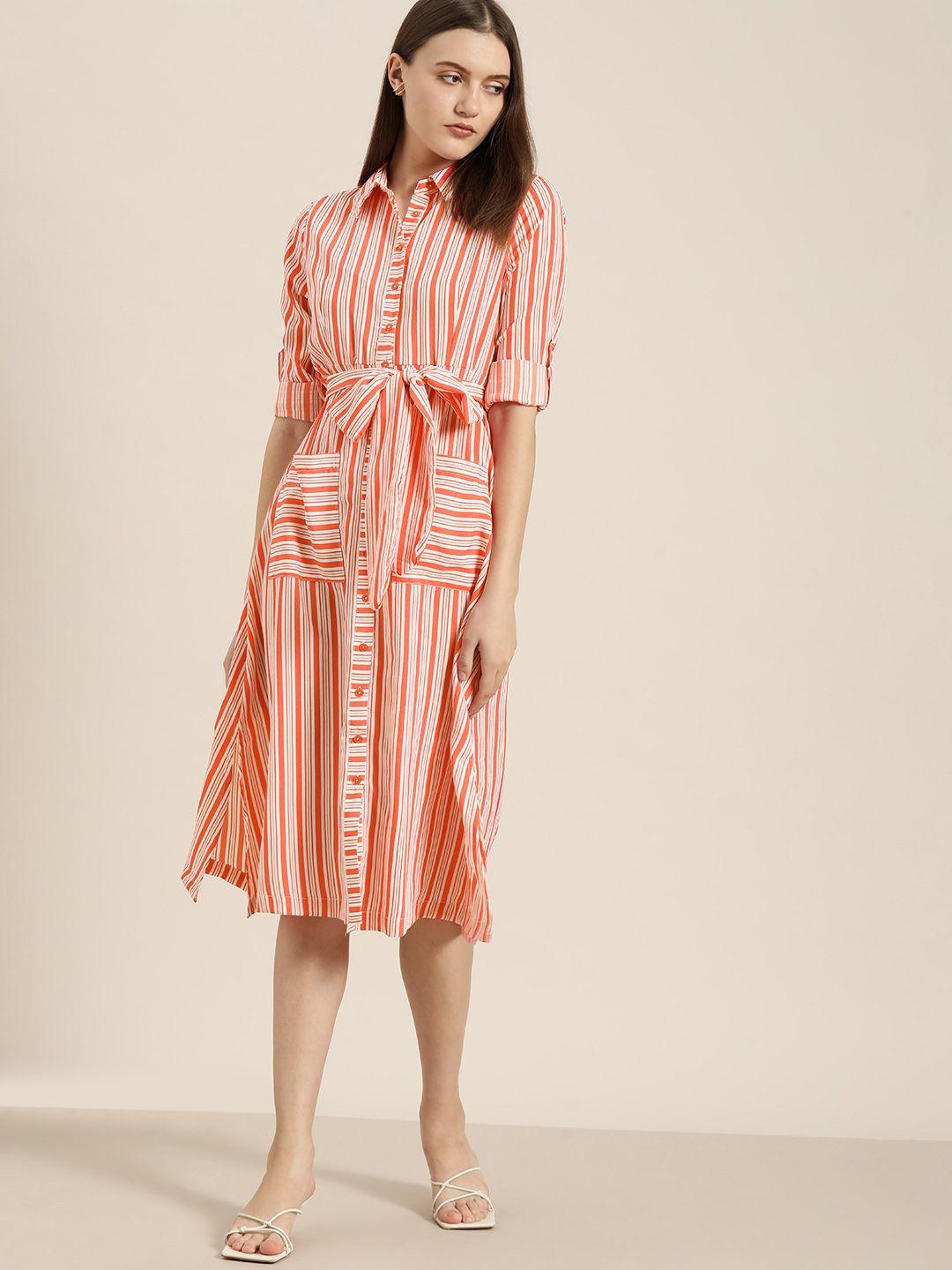 her by invictus white & coral orange striped shirt midi dress with belt