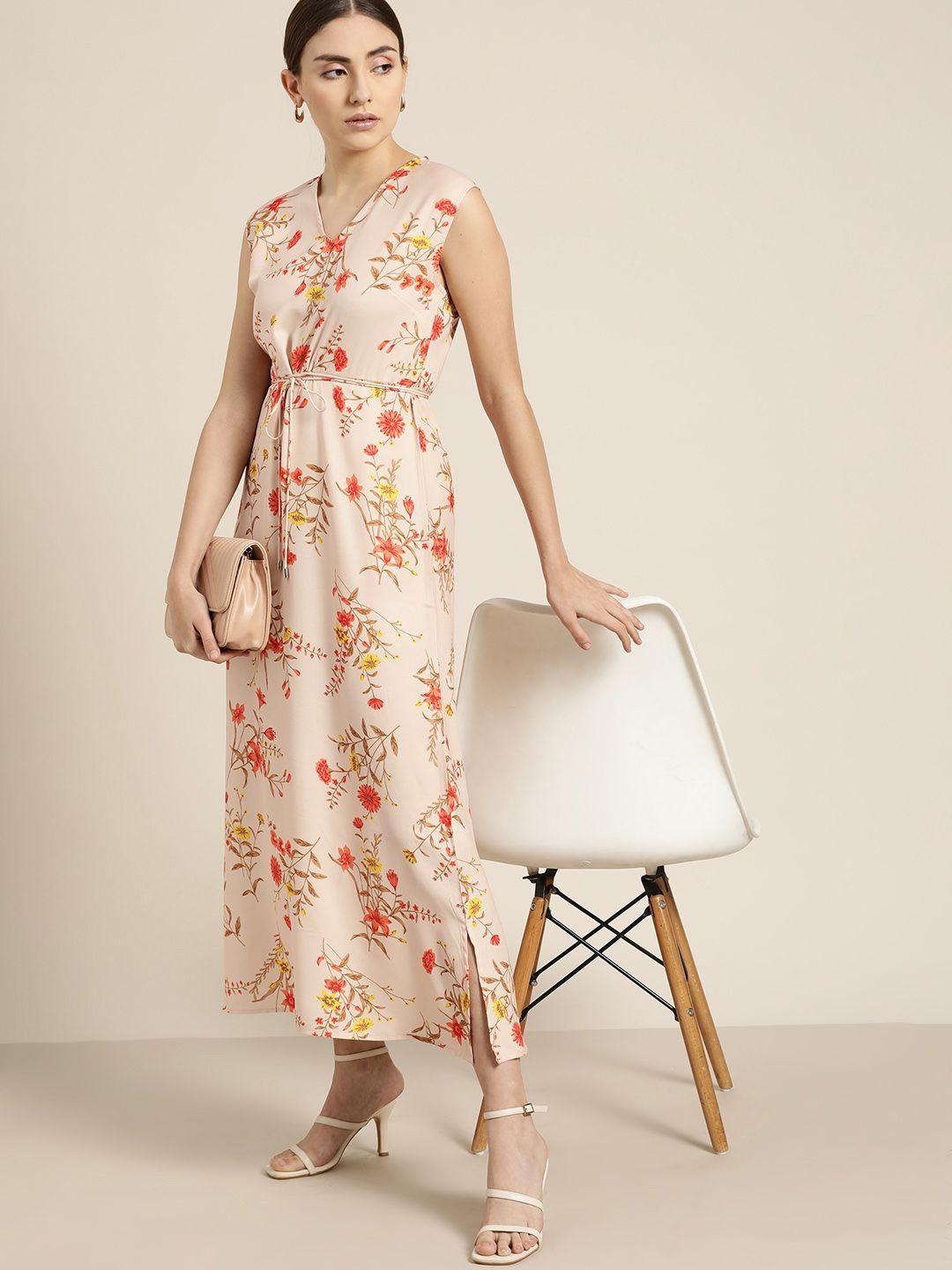 her by invictus women beige & yellow floral printed a-line midi dress