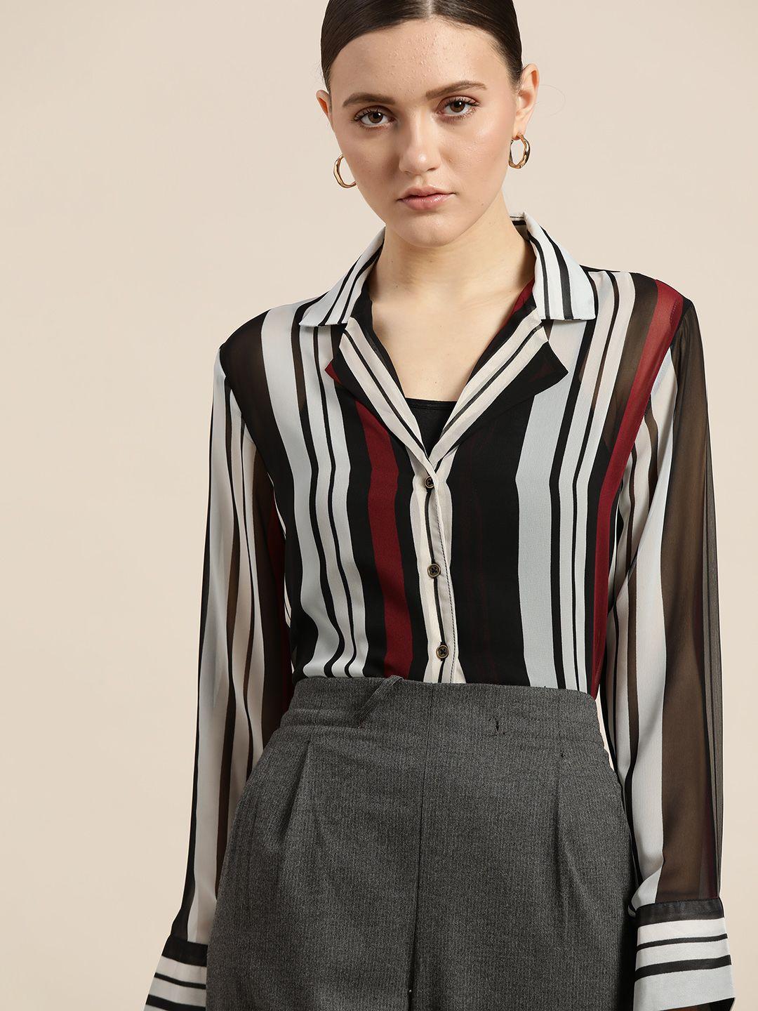 her by invictus women black & grey striped semi sheer casual shirt