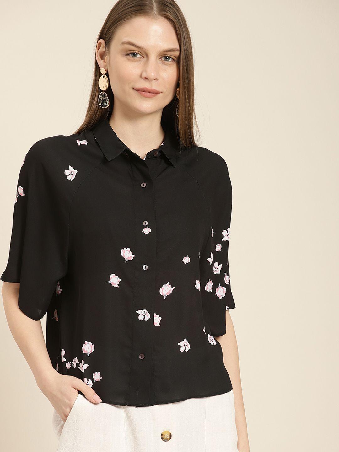 her by invictus women black & white regular fit printed casual shirt