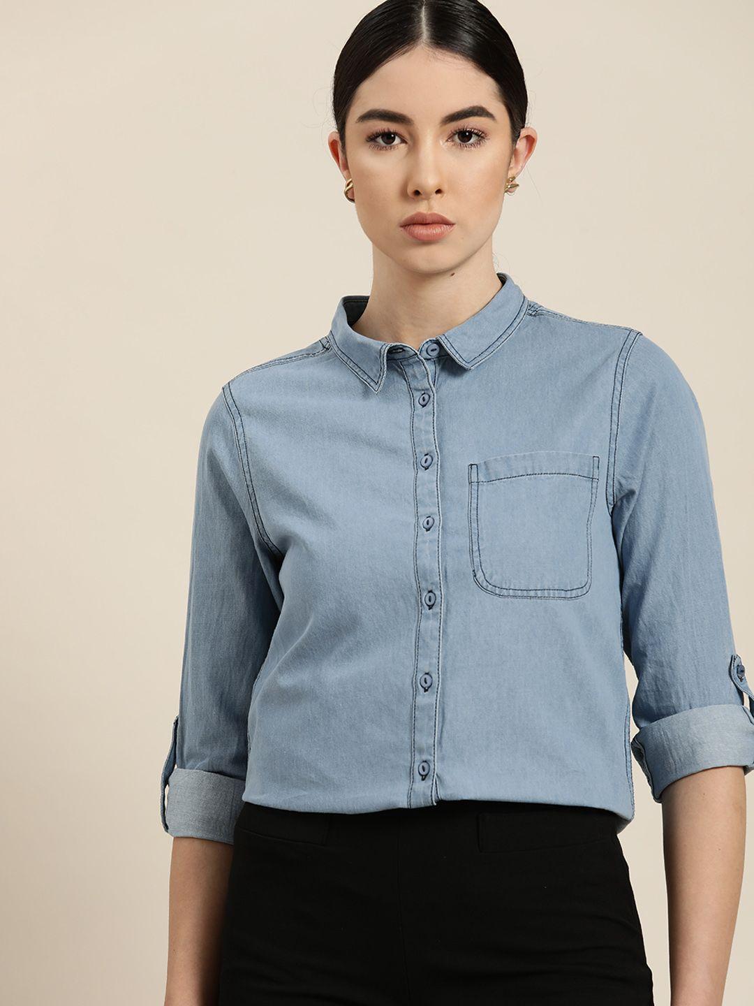 her by invictus women blue solid pure cotton casual shirt