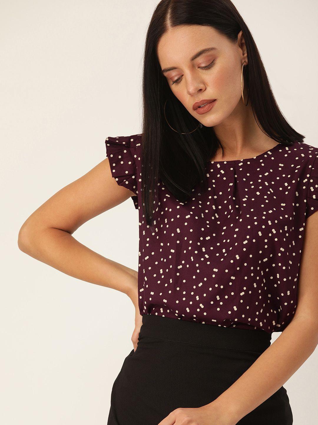 her by invictus women burgundy & beige polka dot printed top with gathers & ruffles