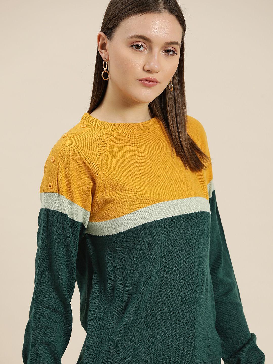 her by invictus women green & mustard colourblocked pullover
