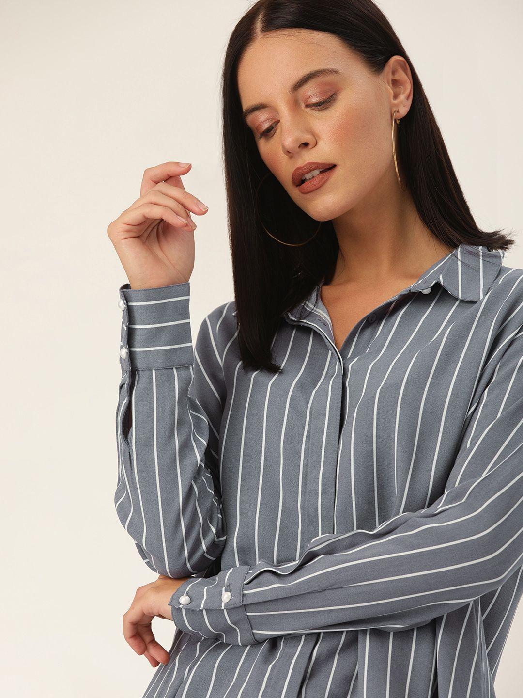 her by invictus women grey & white regular fit striped casual shirt