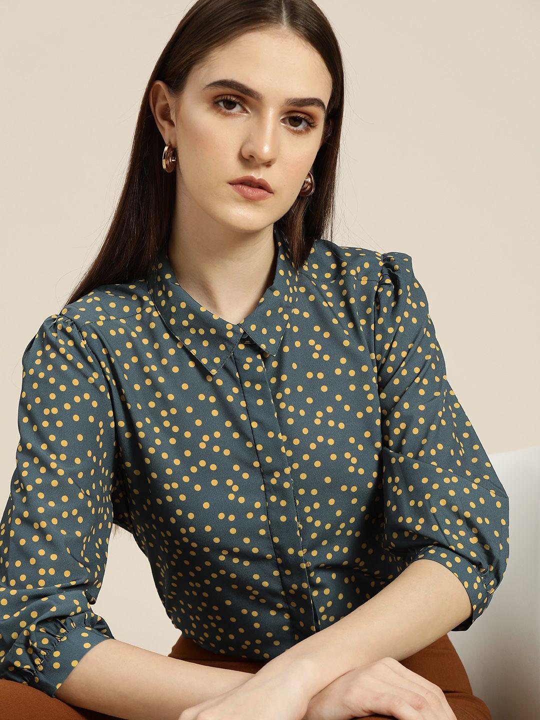 her by invictus women grey & yellow polka dots printed shirt