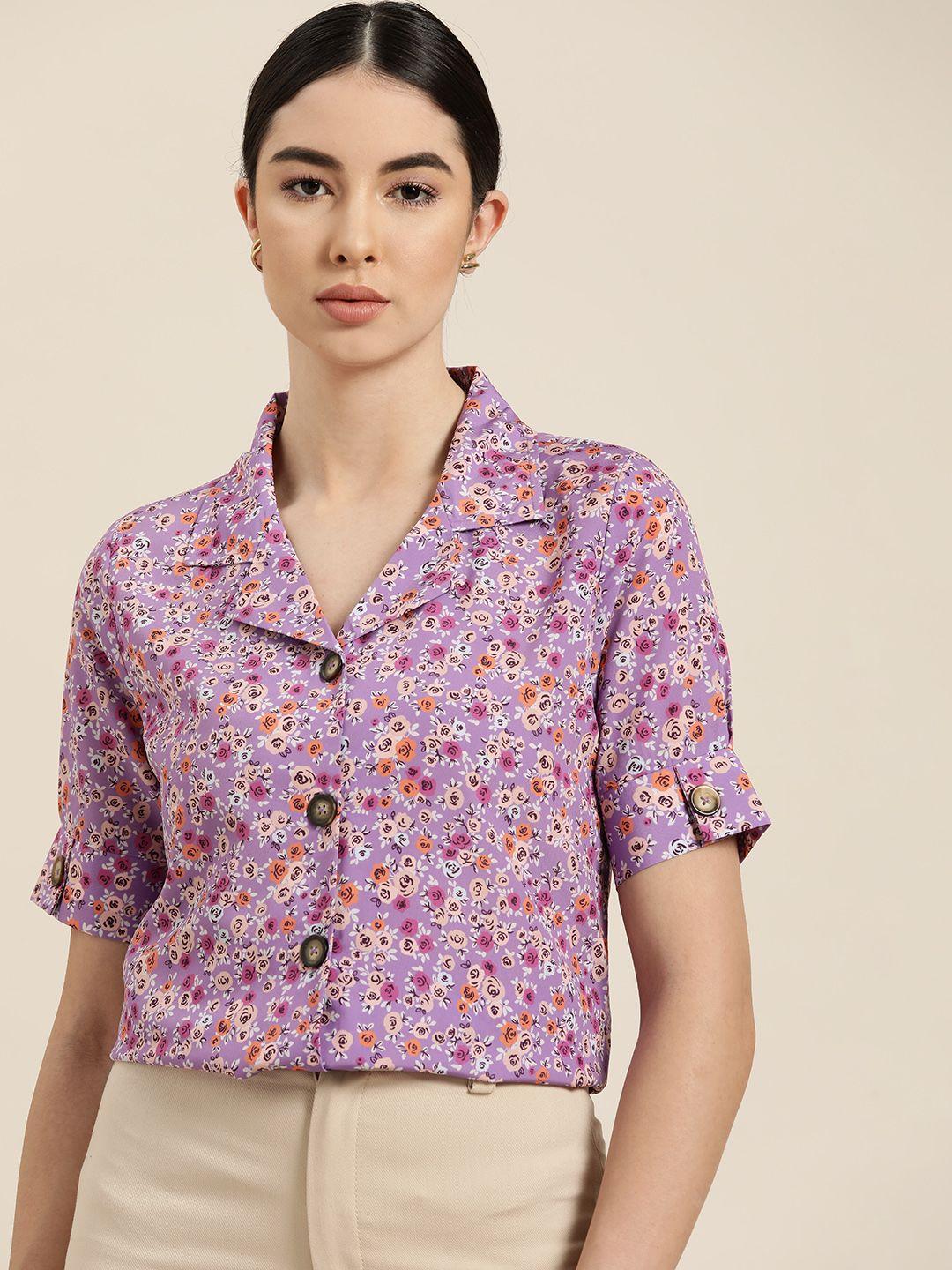 her by invictus women lavender & beige floral printed casual shirt
