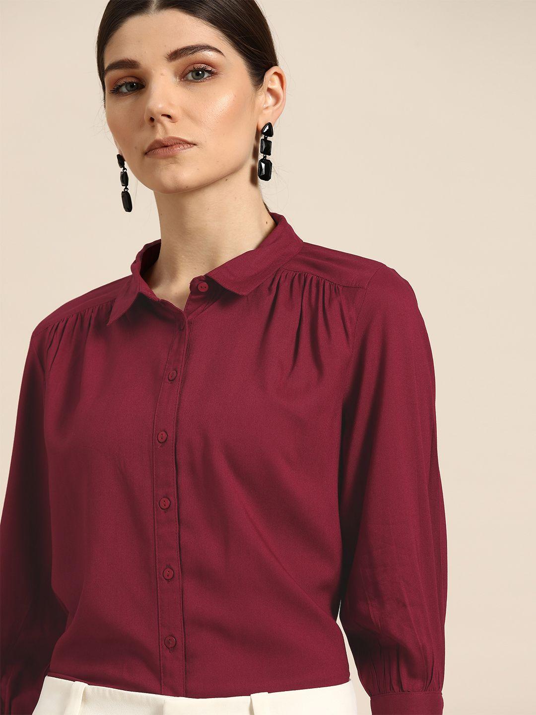 her by invictus women maroon regular fit solid  smart casual sustainable ecovero shirt