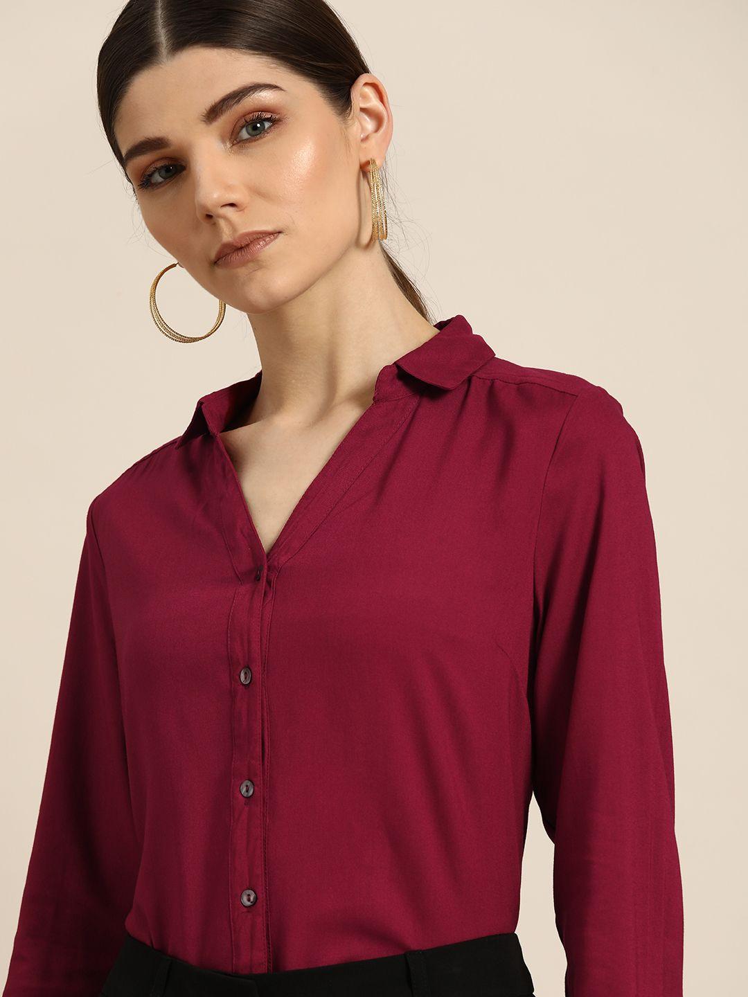 her by invictus women maroon regular fit solid casual shirt