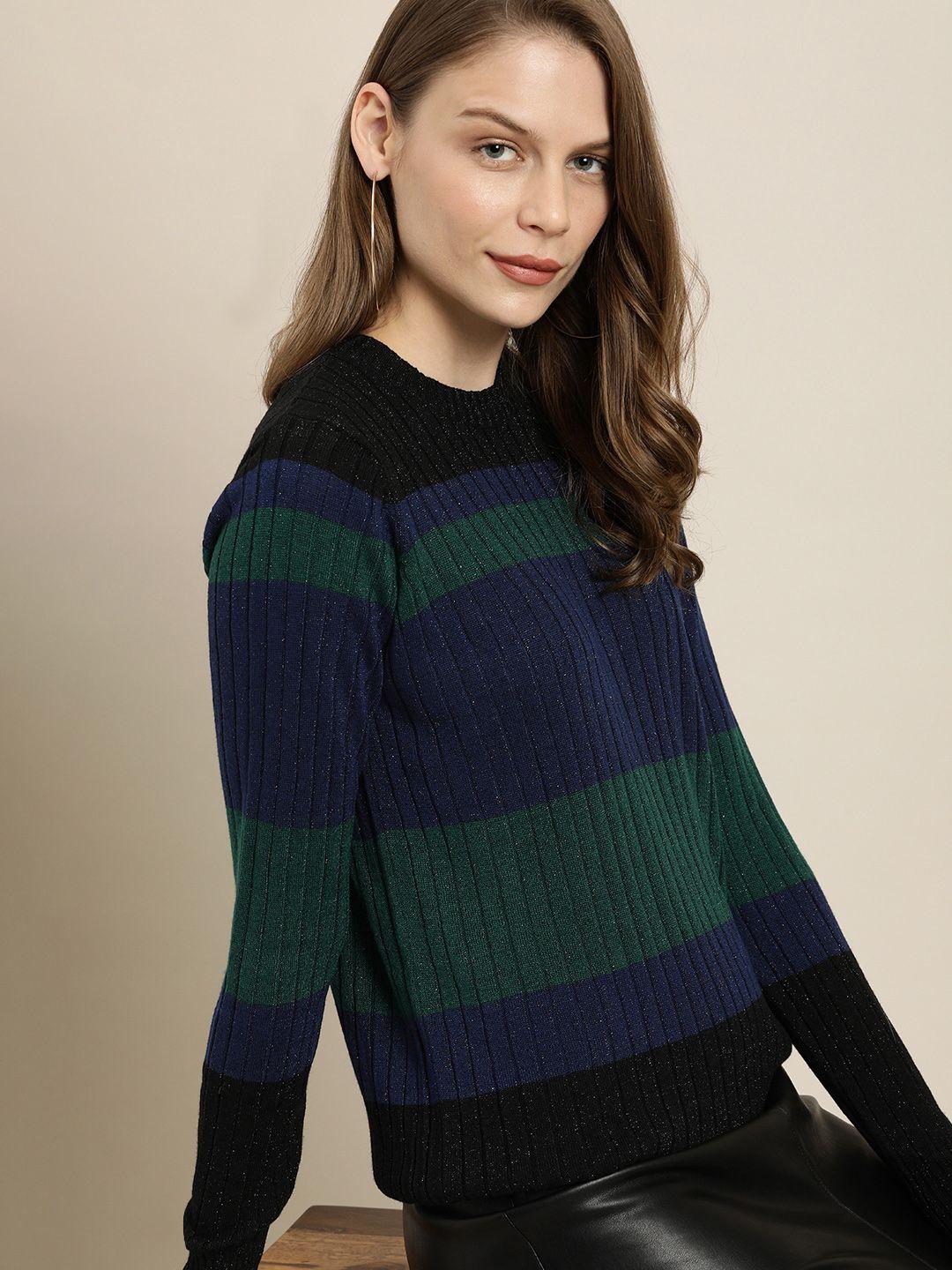 her by invictus women navy & black striped sweater with shimmer effect