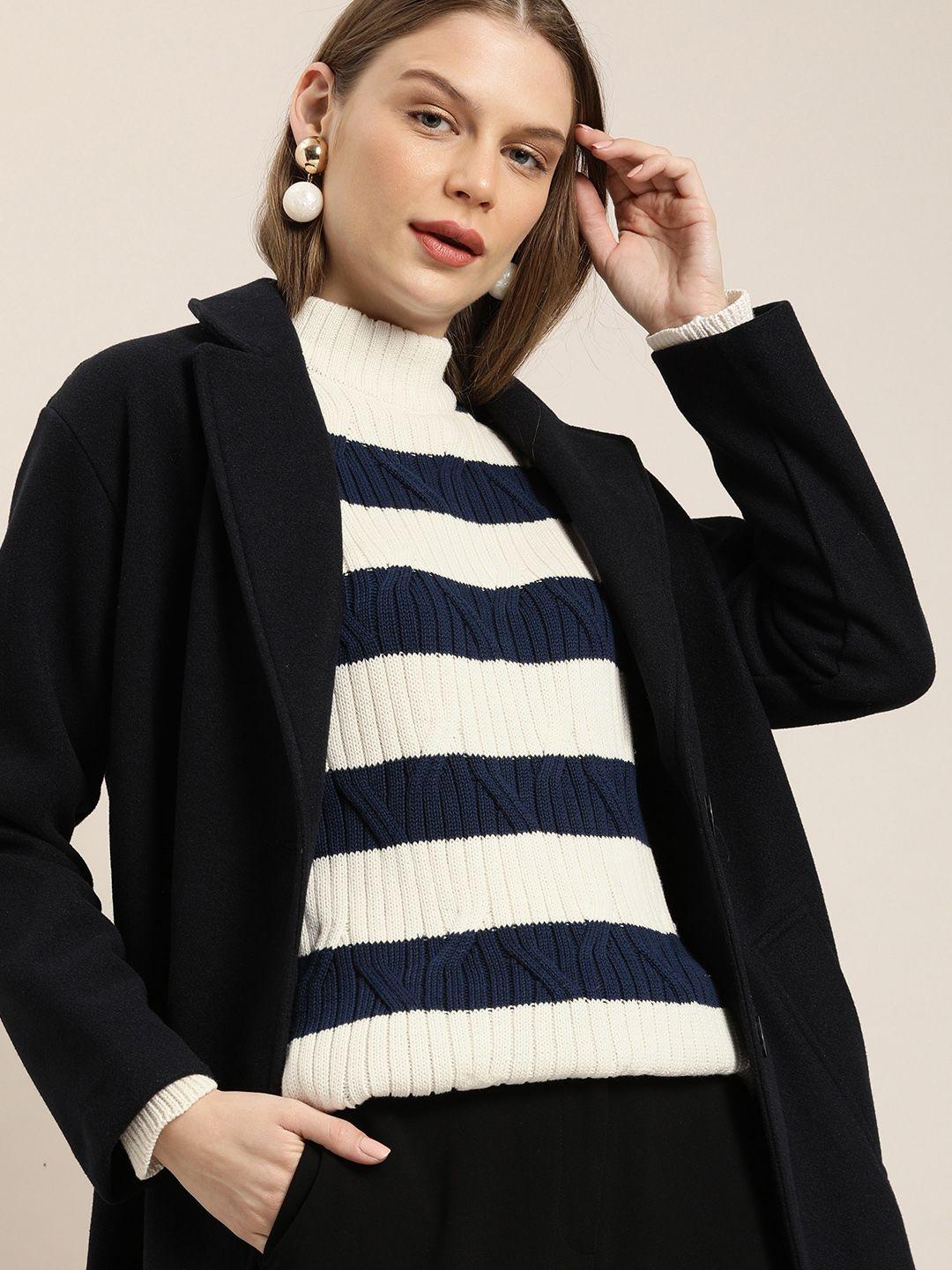 her by invictus women navy blue & off-white striped pullover sweater