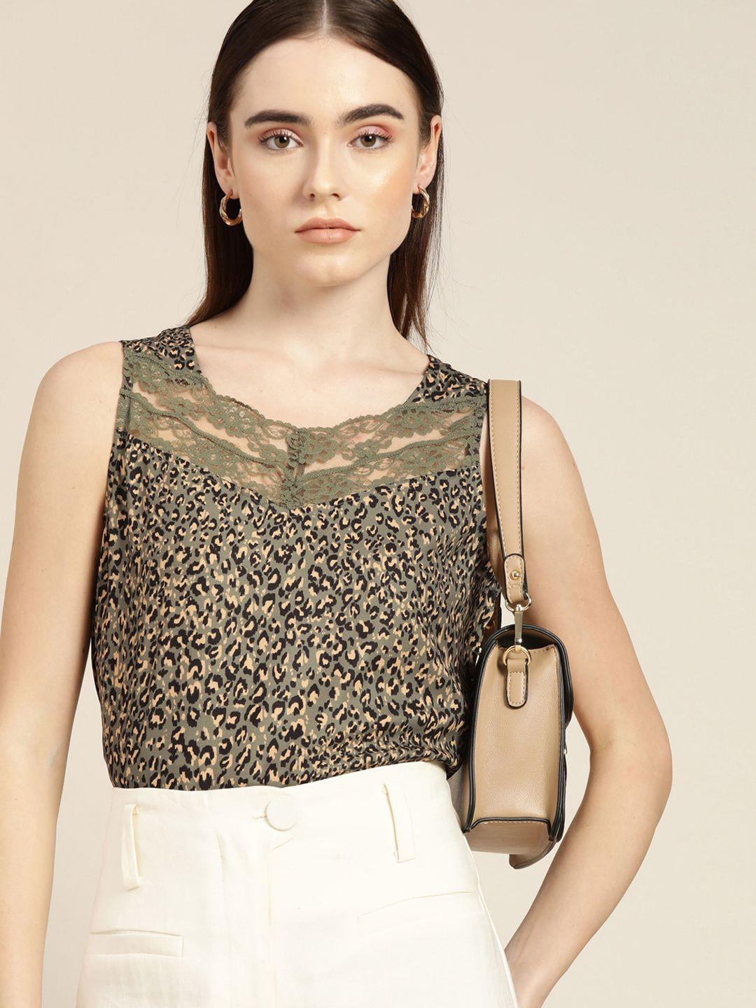 her by invictus women olive green & black animal print top with lace inserts detail