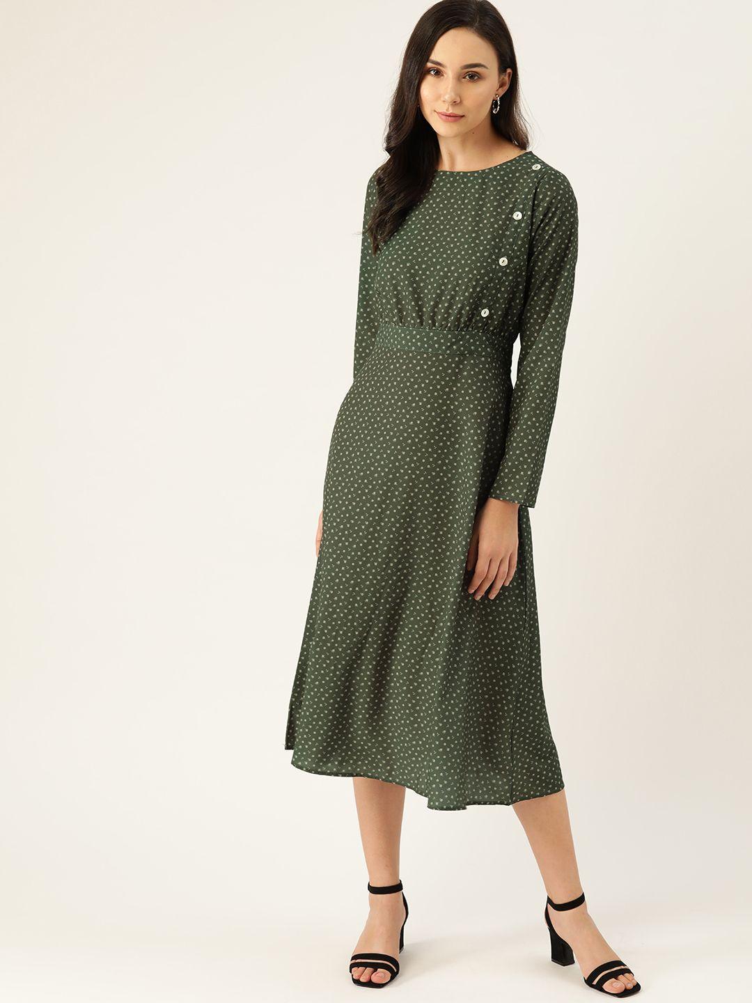 her by invictus women olive green & off-white printed a-line dress