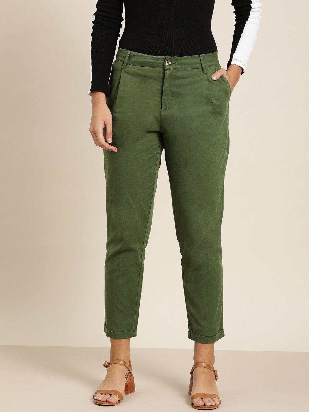 her by invictus women olive green smart slim fit solid chinos