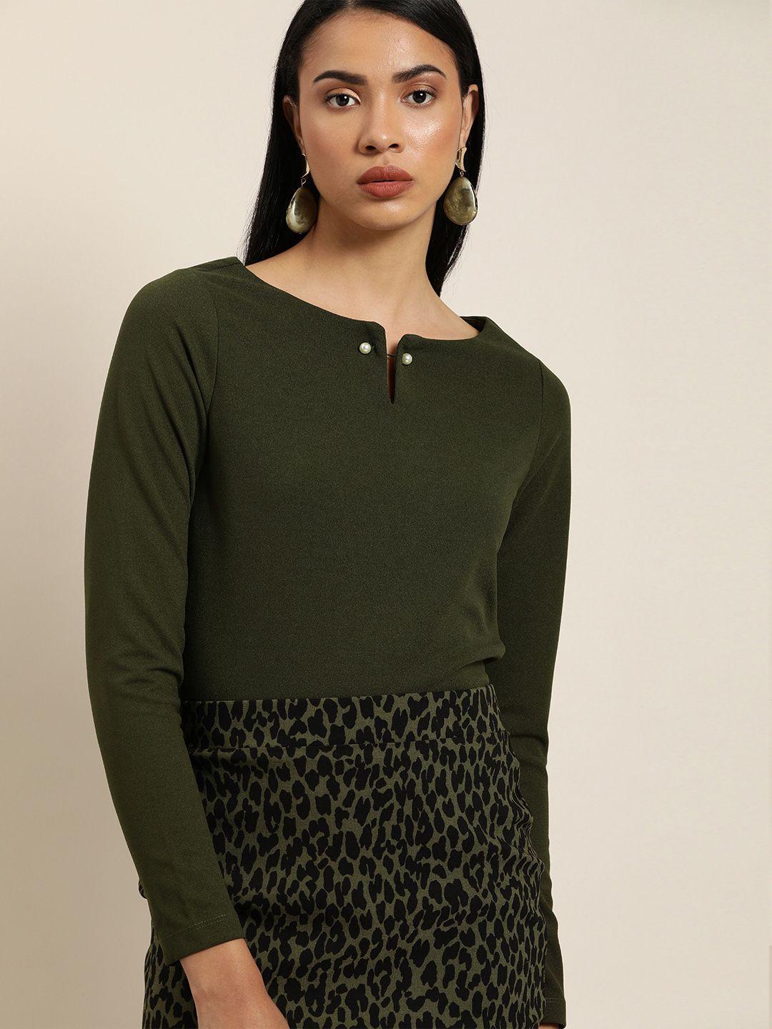 her by invictus women olive green solid top with an embellished closure