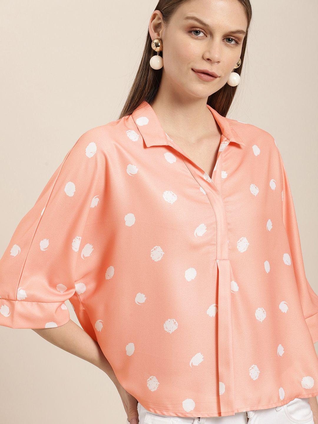 her by invictus women peach-coloured & off-white printed shirt style top