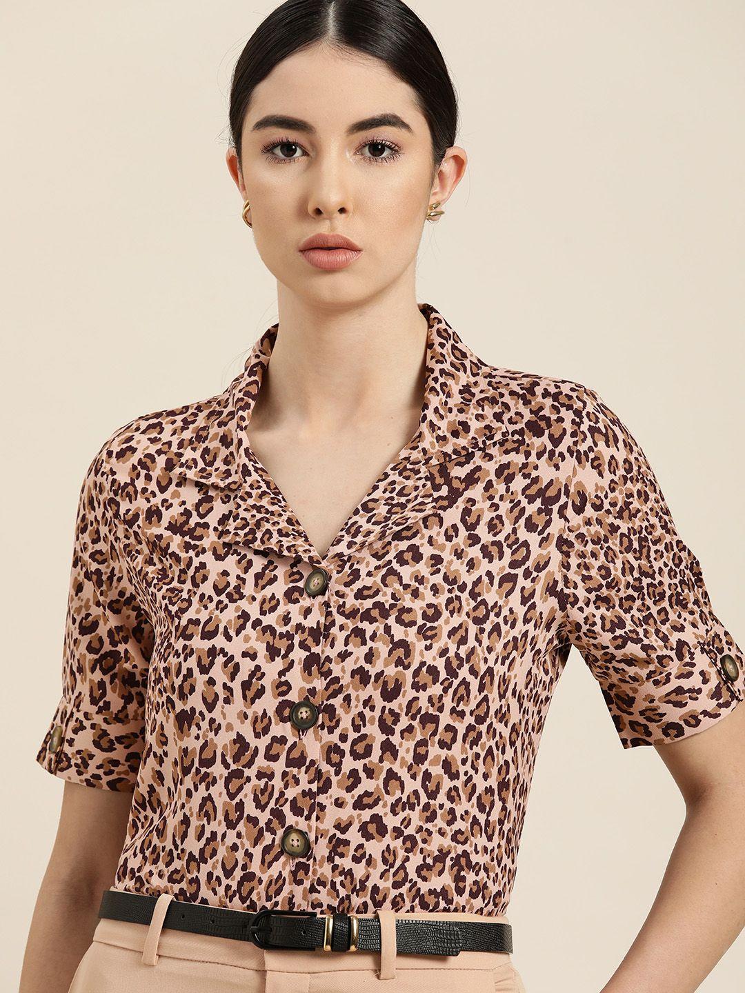 her by invictus women pink & brown animal printed casual shirt