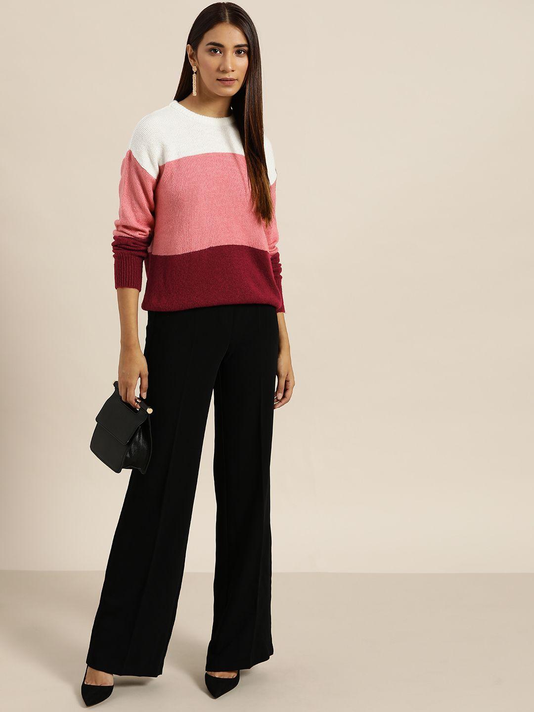 her by invictus women pink & maroon colourblocked pullover