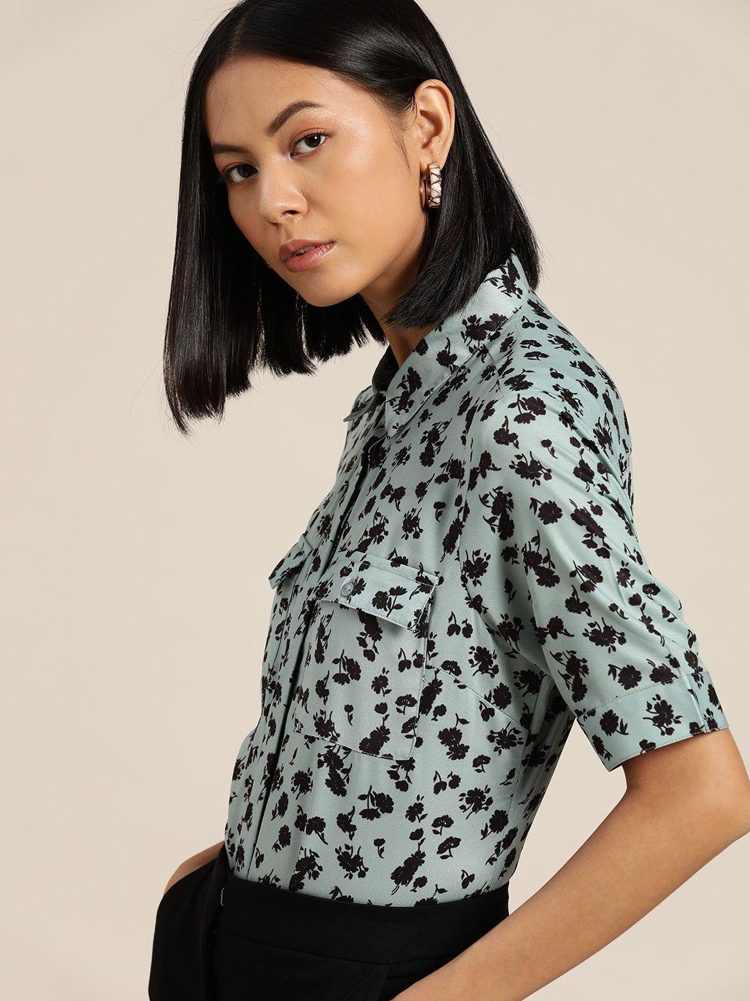 her by invictus women sage green & black floral printed casual shirt