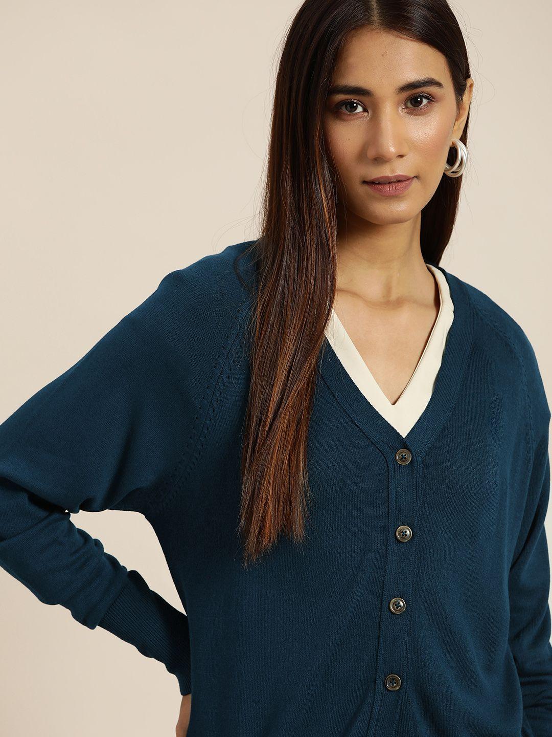her by invictus women teal blue solid cardigan