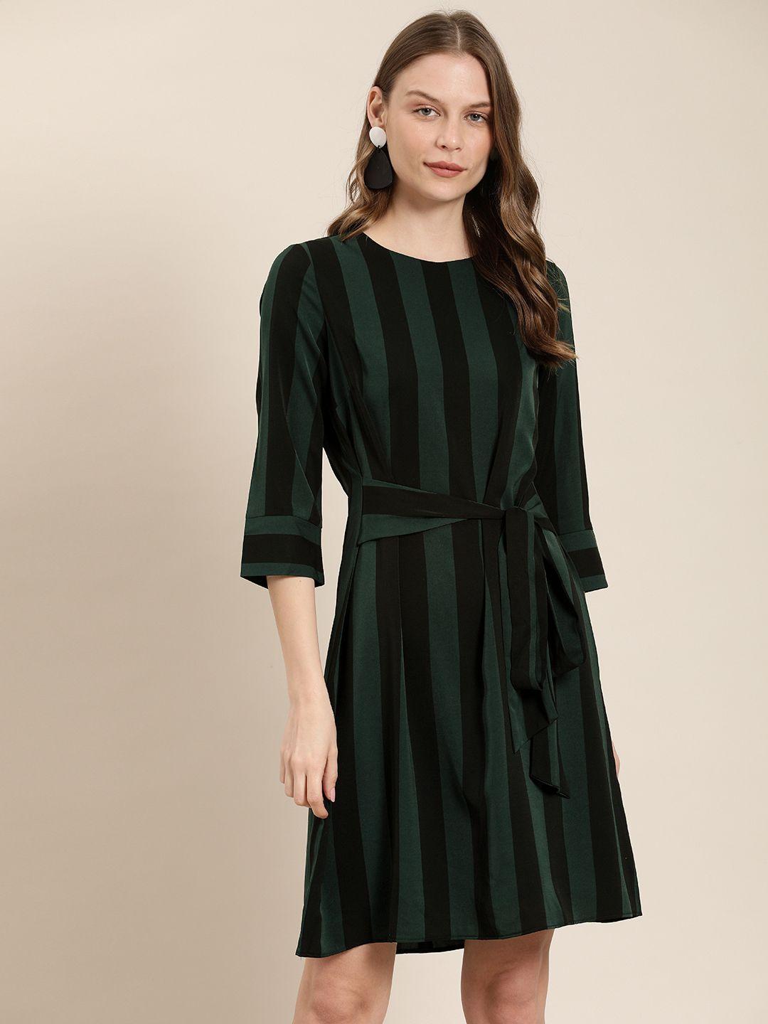 her by invictus women teal green & black striped fit and flare dress