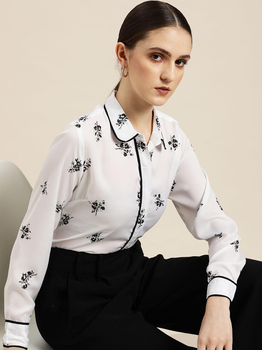 her by invictus women white & black floral printed easy-iron casual shirt