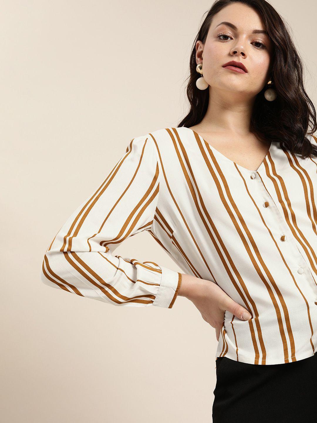 her by invictus women white & mustard yellow regular fit striped casual shirt