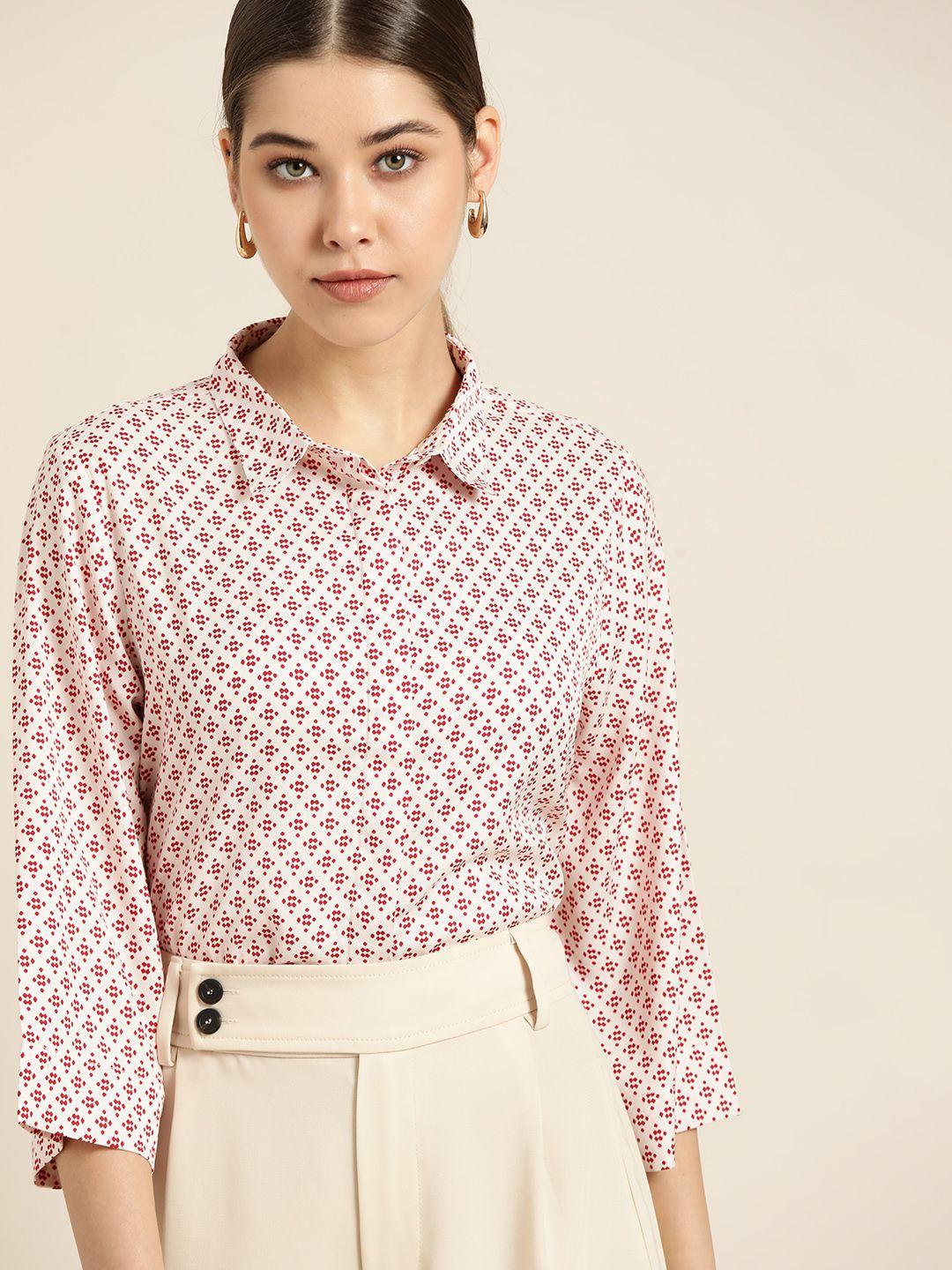 her by invictus women white & red printed casual shirt