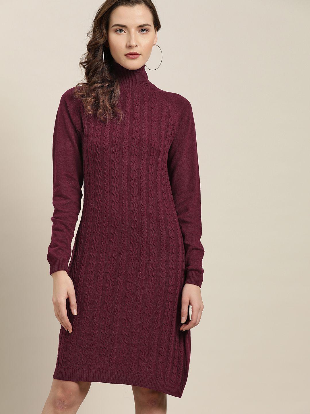 her by invictus women wine-coloured self design sheath dress