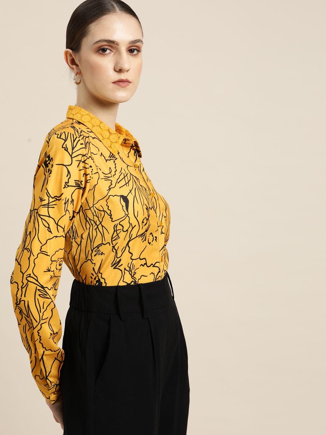 her by invictus women yellow & black abstract printed casual shirt
