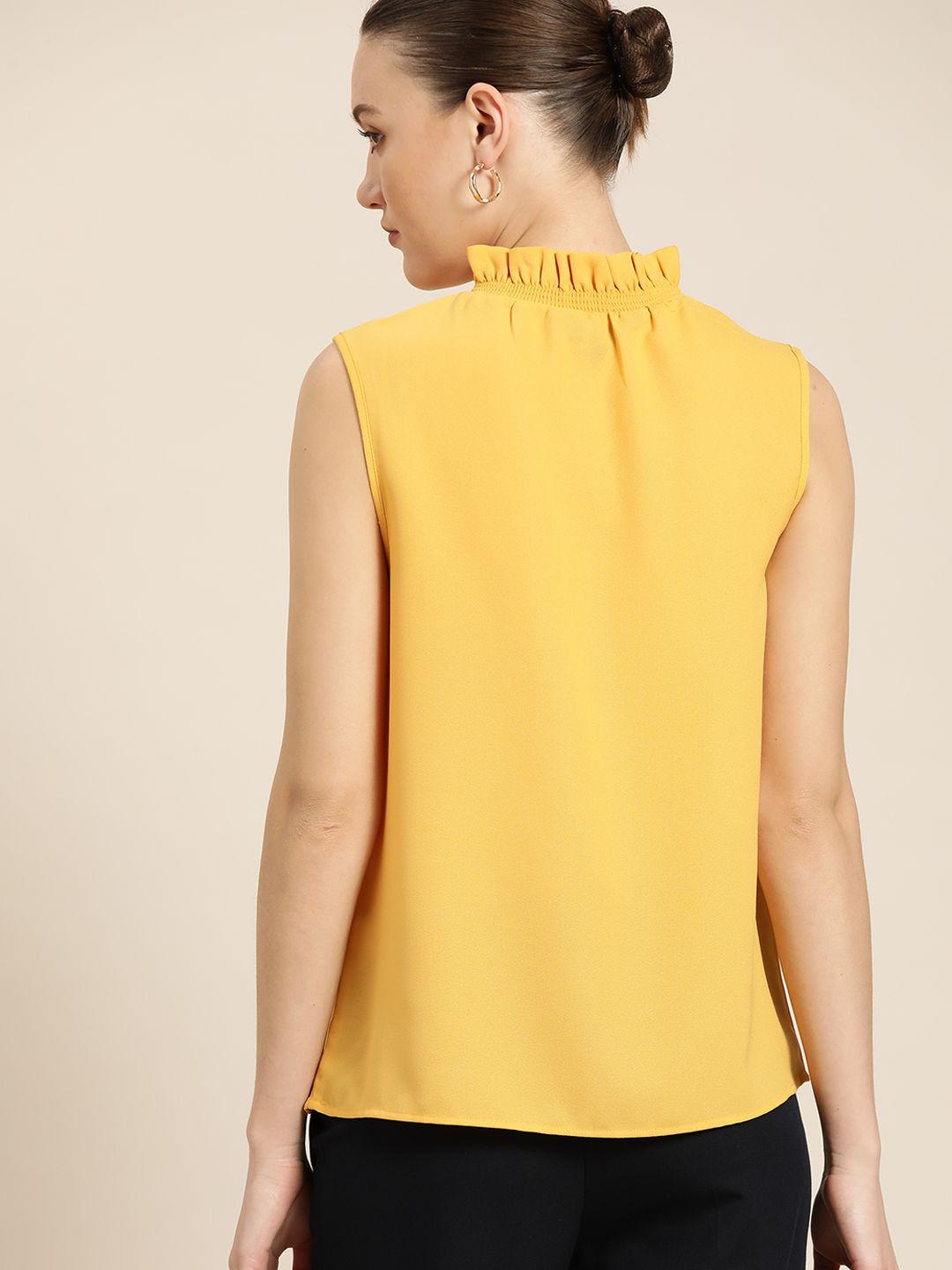 her by invictus yellow solid tie-up neck regular top with ruffles detail