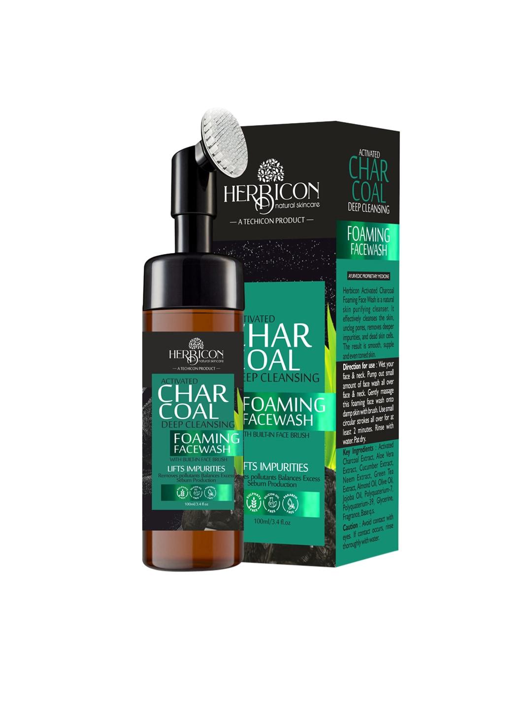 herbicon unisex charcoal foaming face wash with built-in face brush - 100 ml