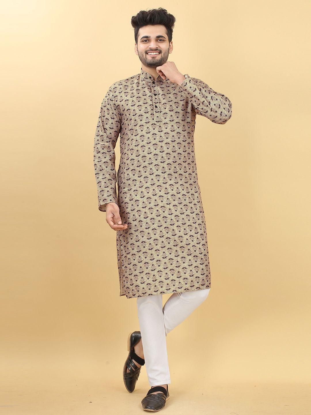 here&now beige ethnic motifs printed mandarin collar cotton straight kurta