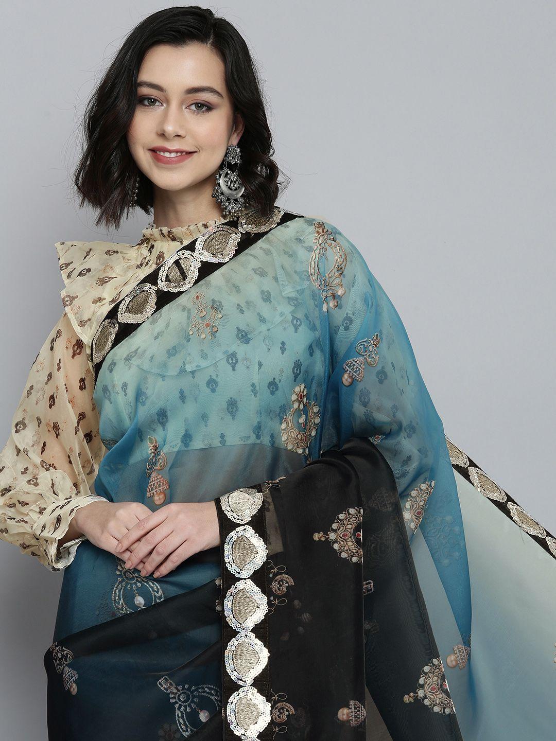 here&now black & blue dyed sequinned organza saree