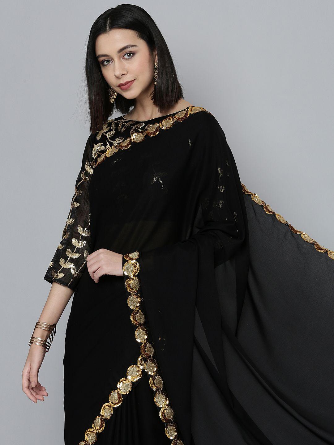 here&now black & golden sequinned pure georgette saree