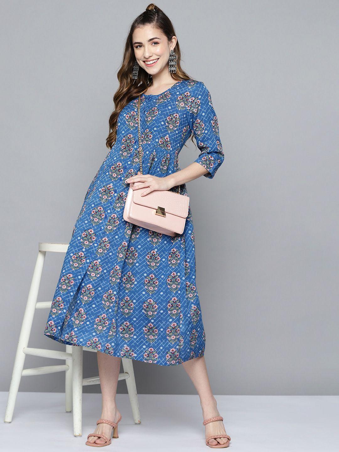 here&now blue & pink ethnic motifs a-line midi dress