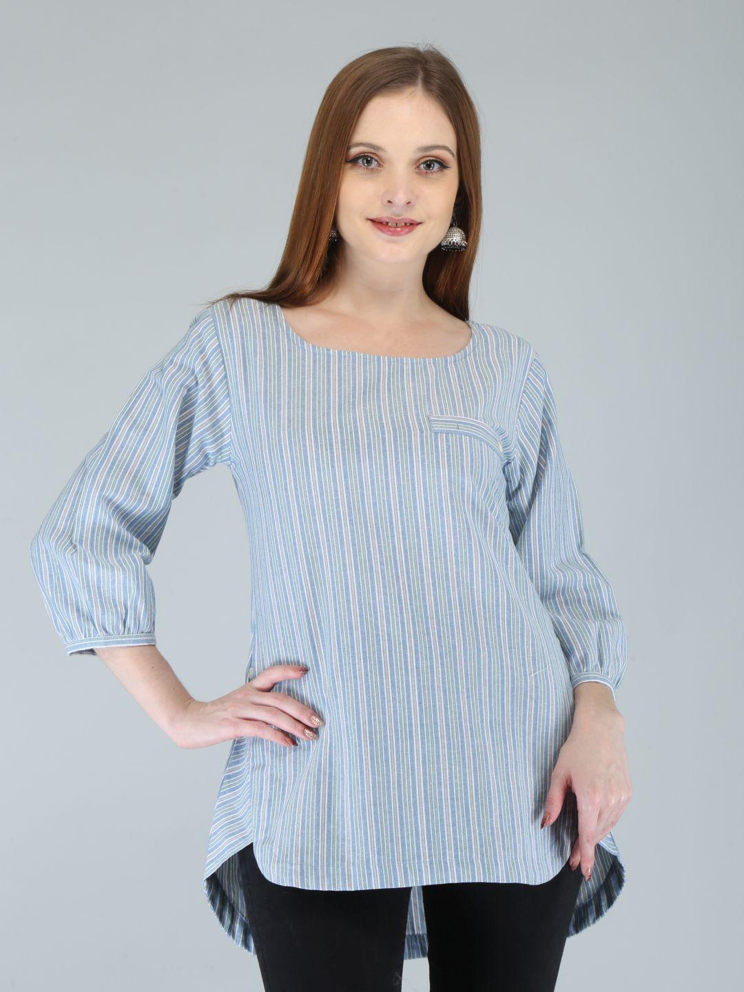 here&now blue & white striped puff sleeves high low curved kurti