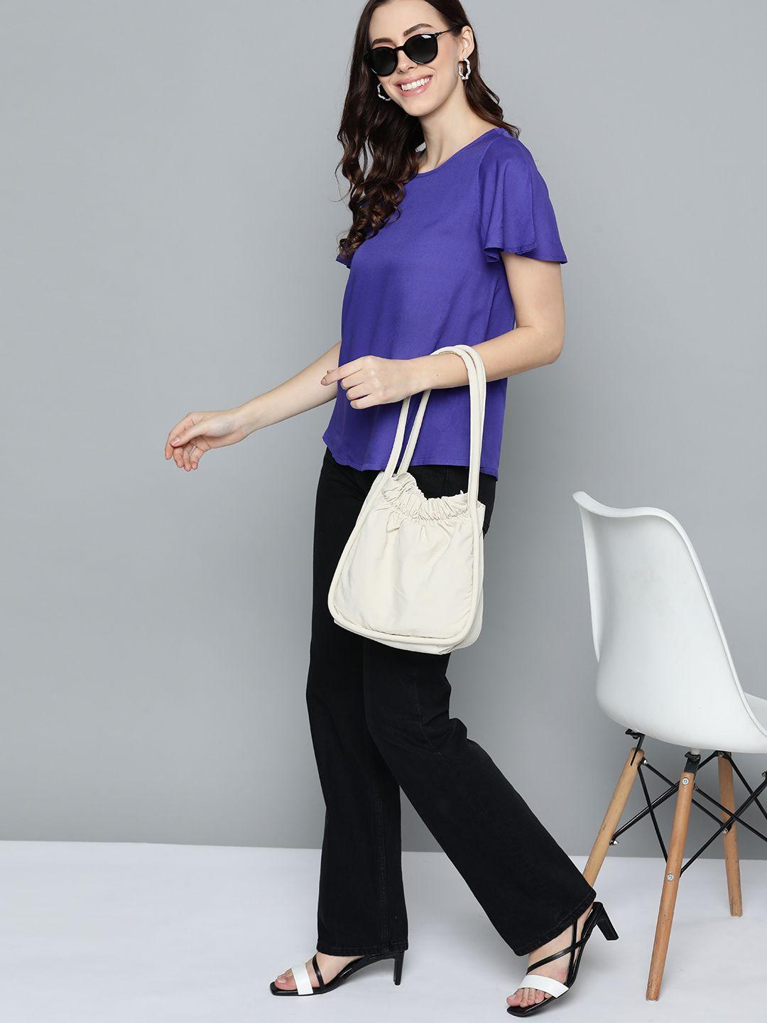 here&now blue solid flutter sleeves top