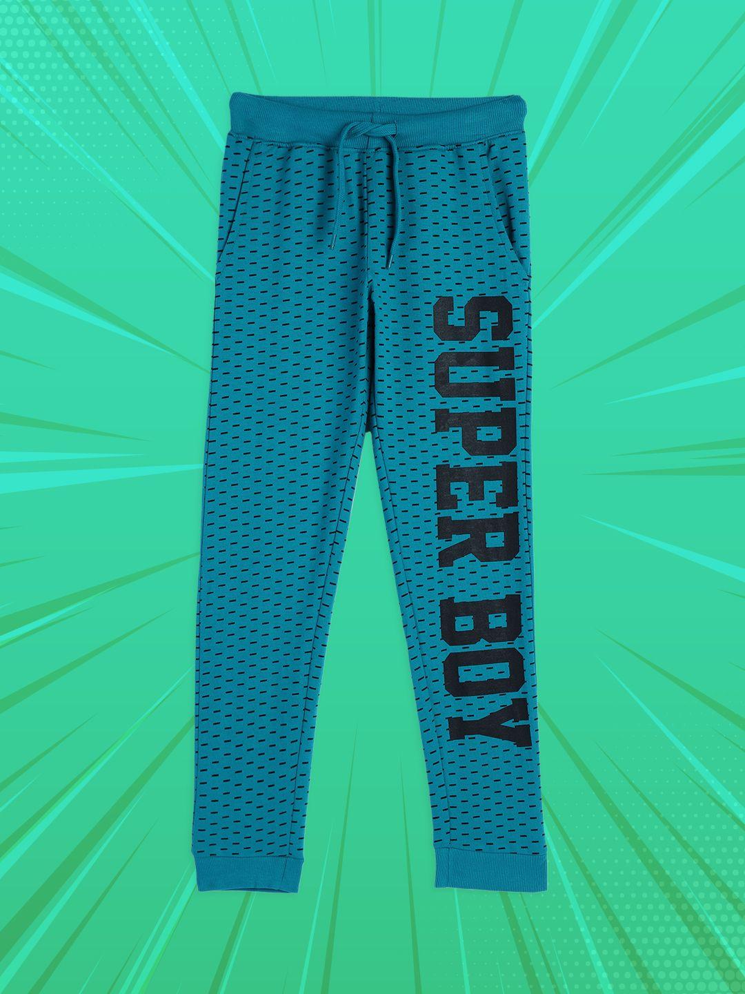 here&now boys teal blue printed super boy pure cotton track pants