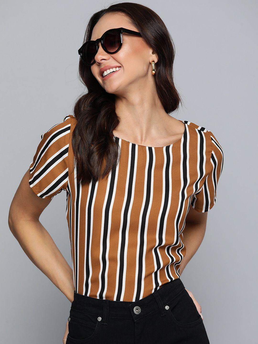 here&now brown & black striped pure polyester top