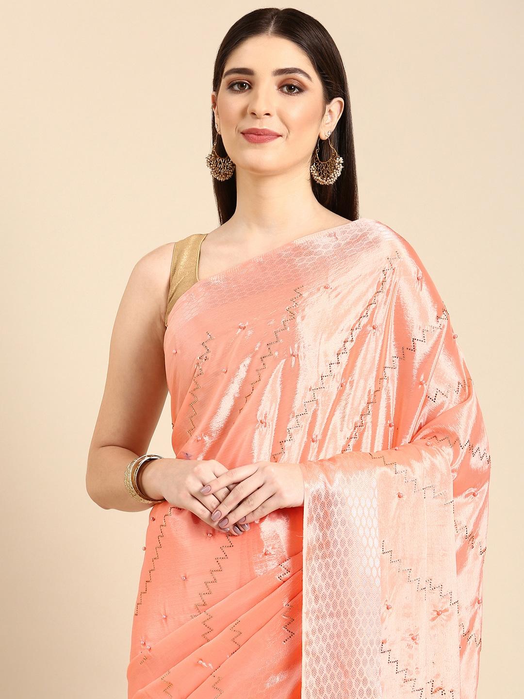 here&now embellished stones-studded pure chiffon saree