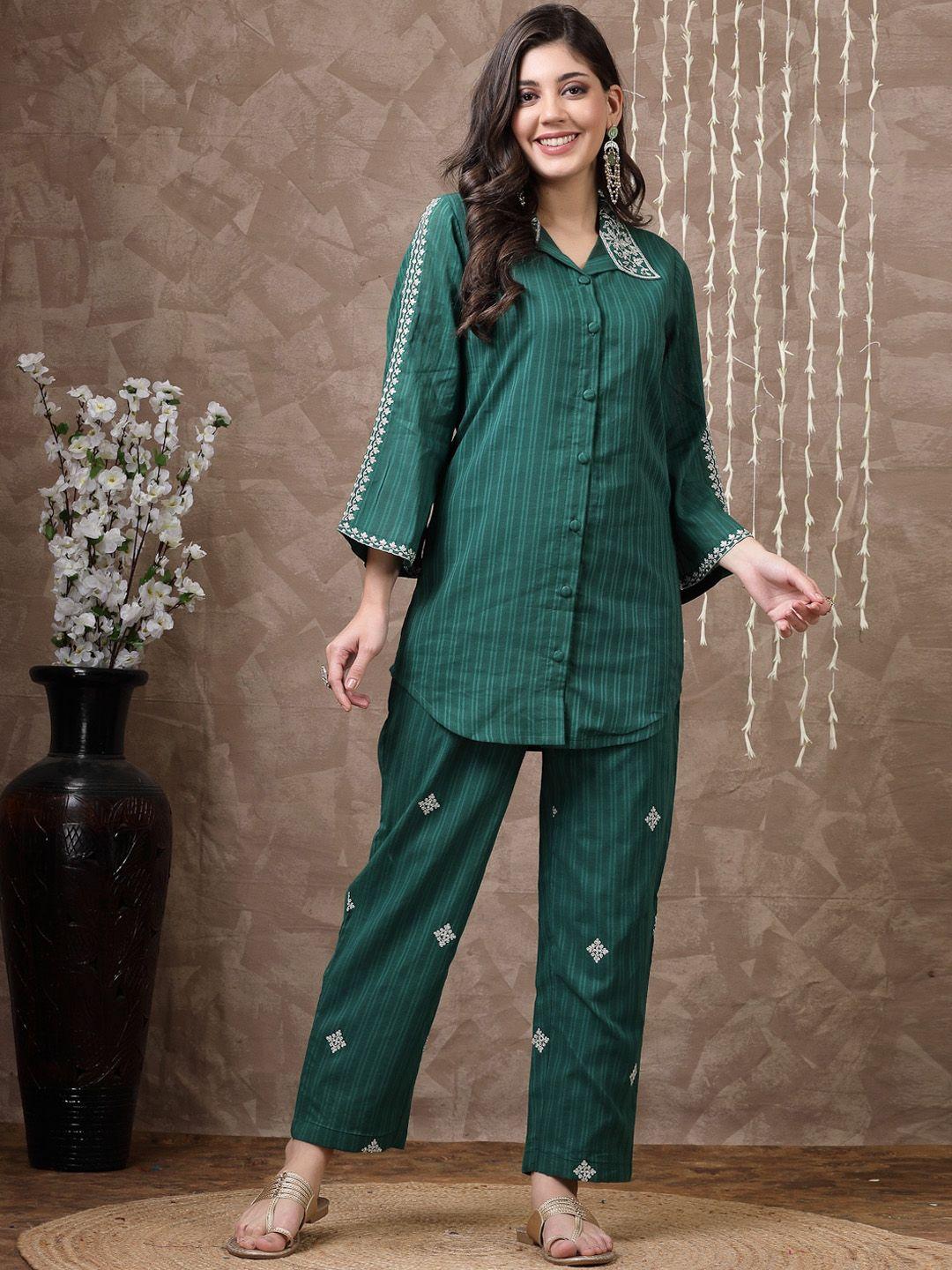 here&now embroidered shirt collar pure cotton top with trouser