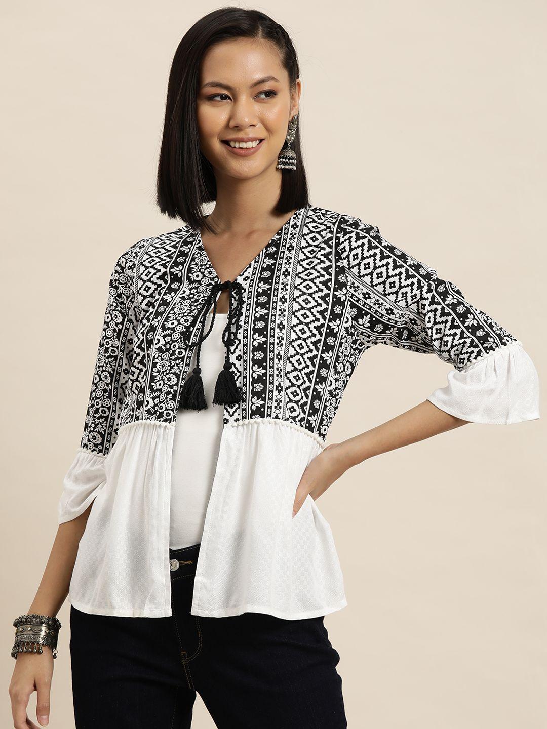 here&now ethnic embroidered pure cotton tie-up shrug