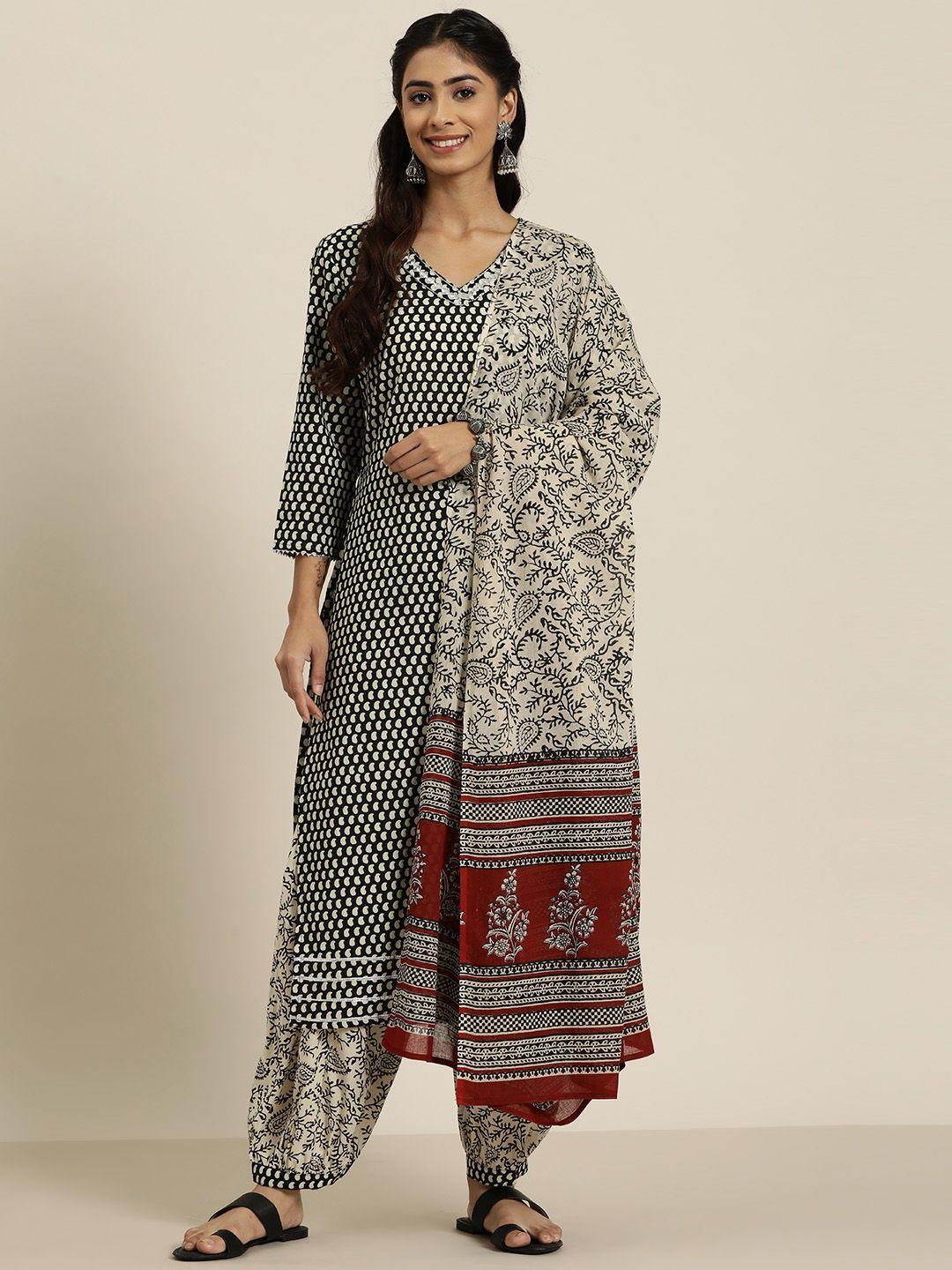 here&now ethnic motifs printed pure cotton kurta with salwar & dupatta
