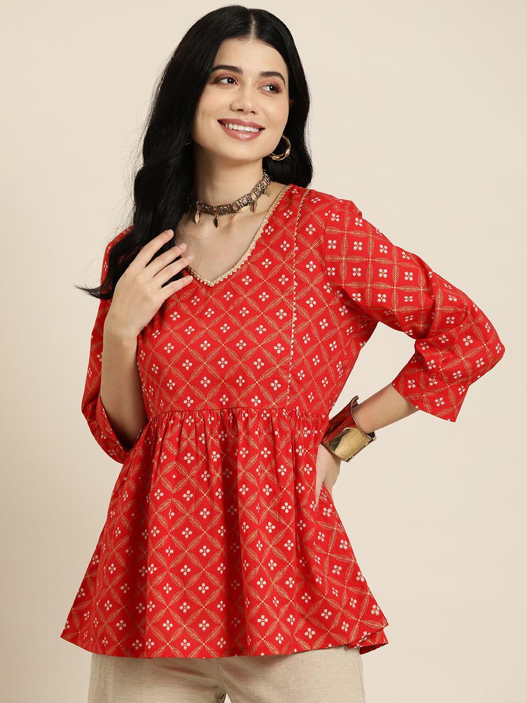here&now ethnic motifs printed pure cotton pleated kurti